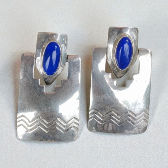 Vintage Navajo Mark Jimenez Sterling Silver Lapis Lazuli Earrings - Picture 1 of 9